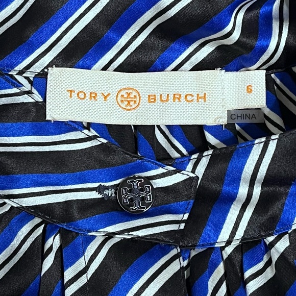 Tory Burch Silk Blue Striped Tie Neck long Sleeves Blouse Size 6 - Picture 12 of 16